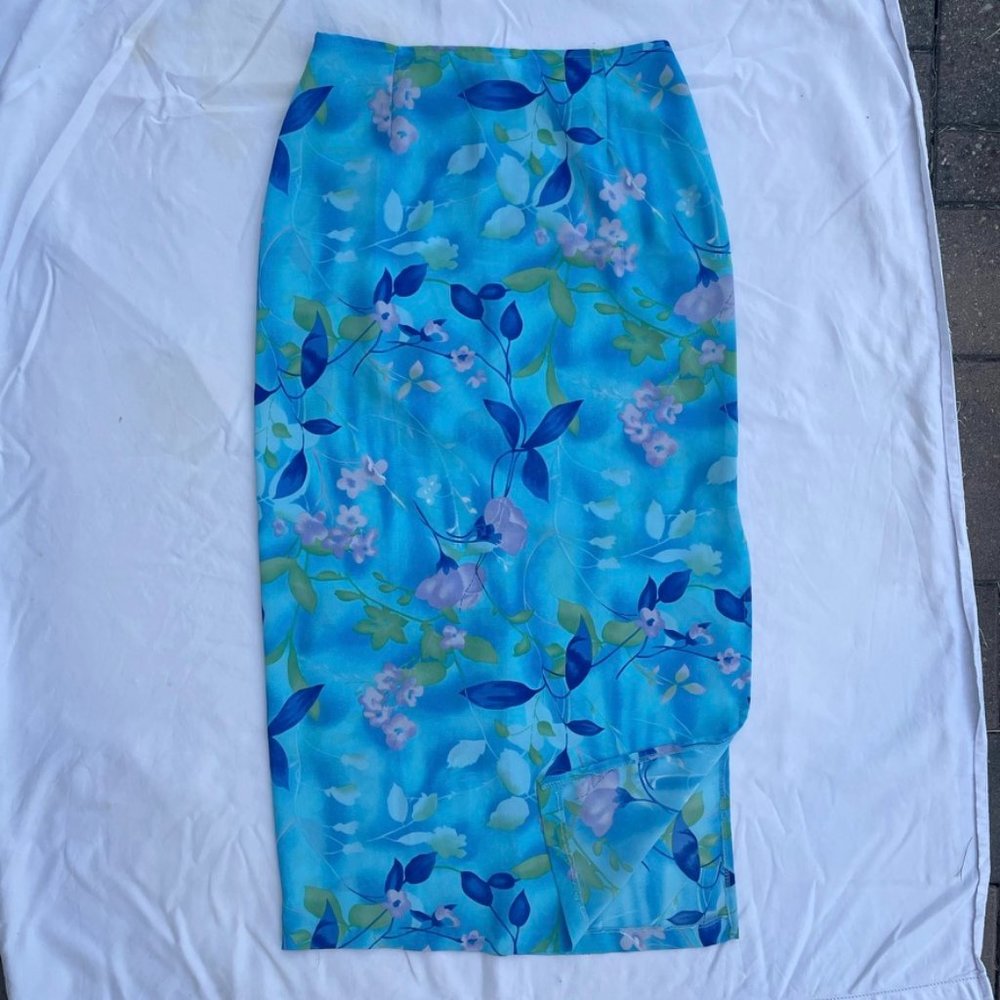 Aqua Blue Sheer 90s Floral Midi Skirt